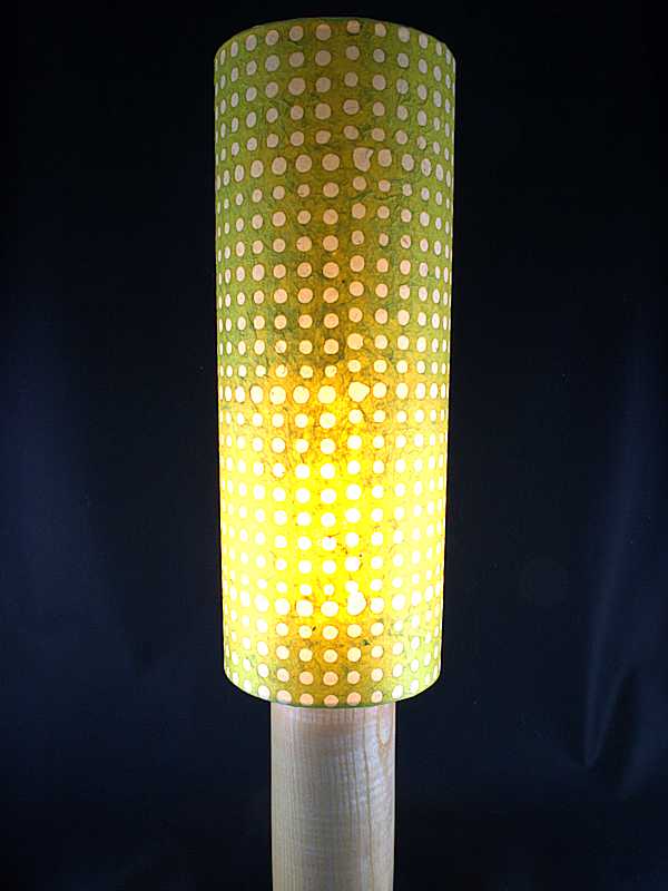 Cylinder lampshade in lime green lokta fibres with white batik dots